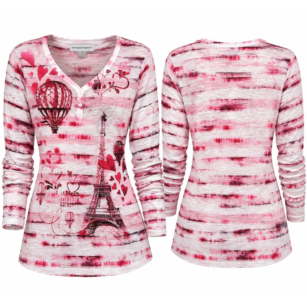 Christopher & Banks Pink Paris Eiffel Tower Heart Graphic Henley Top Large
